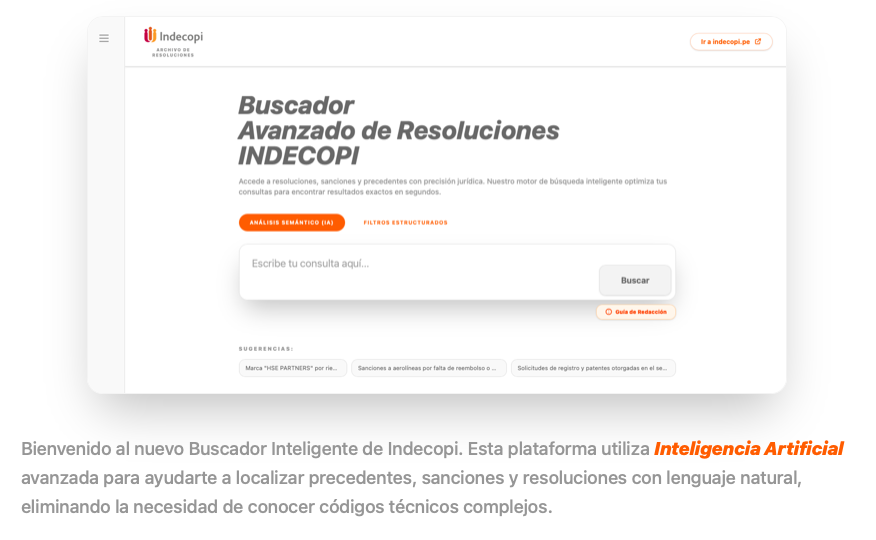 Captura de pantalla de la aplicación de INDECOPI